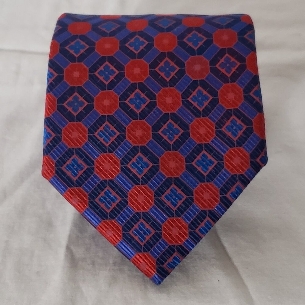 Mario Caldi Made in Italy 100% Silk Necktie - Red Blue Geo